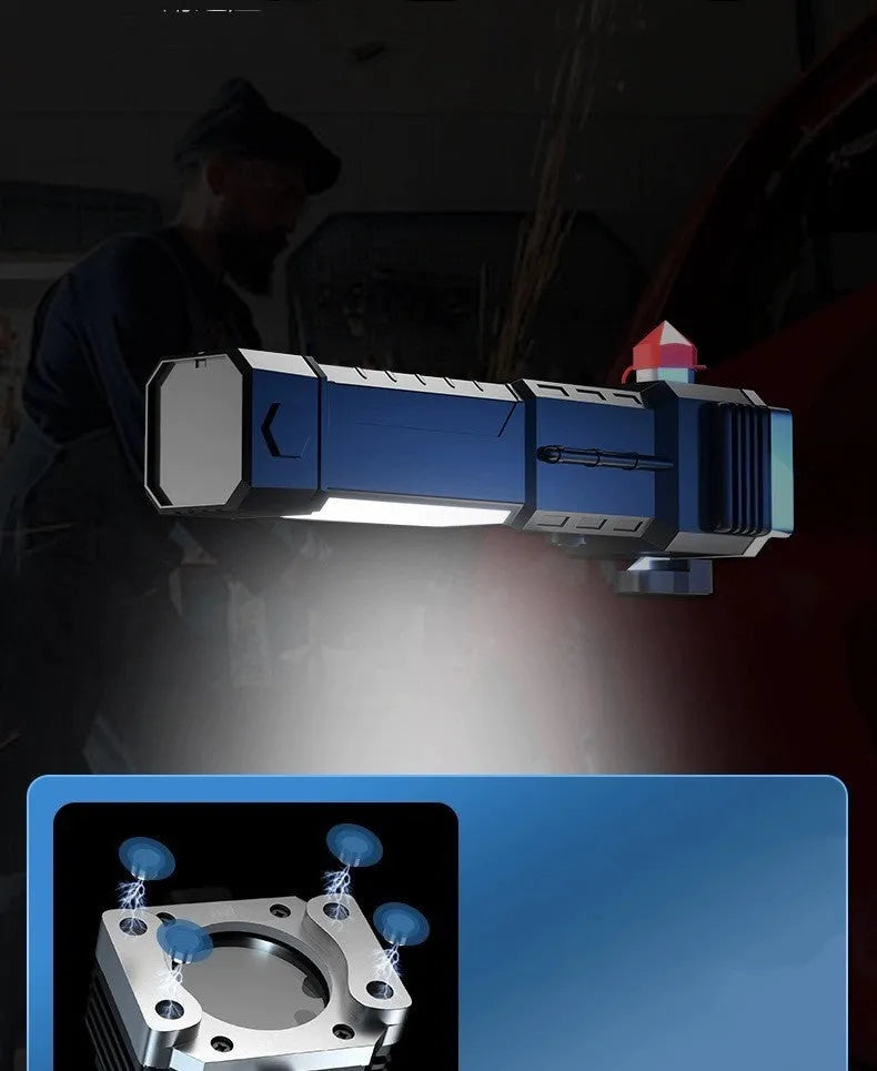 Silver portable power bank LED flashlight with USB charging port shown.