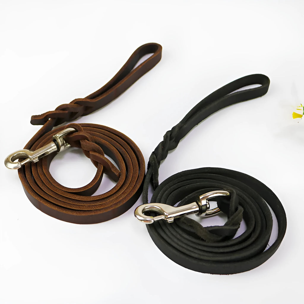 Cowhide leather dog walking rope in light brown or black, showing thickened 1.2cm width and length options for large breeds