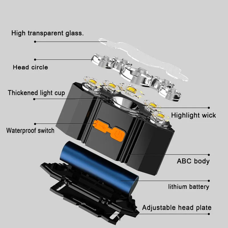 Black PVC head-mounted LED miner's lamp with adjustable strap and 10W long-range beam.