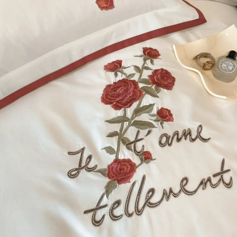 Pure cotton four-piece bedding set in solid colour with embroidery, including quilt cover 200x230cm and pillowcases 48x74cm