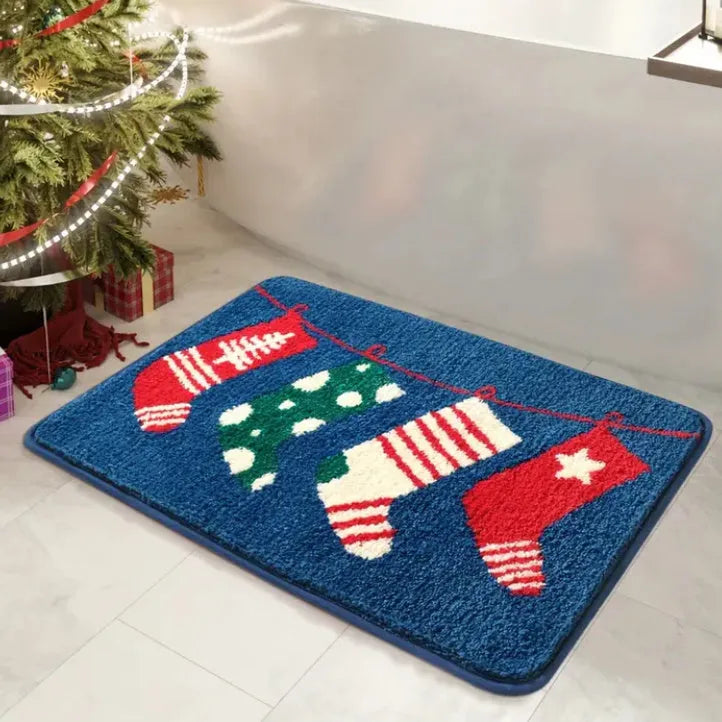 Thickened cartoon plush non-slip bathroom mat 50x80cm polyester fibre Christmas Stockings print