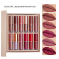12-piece matte shimmer lip glaze set with nonstick cup property shown in packaging.