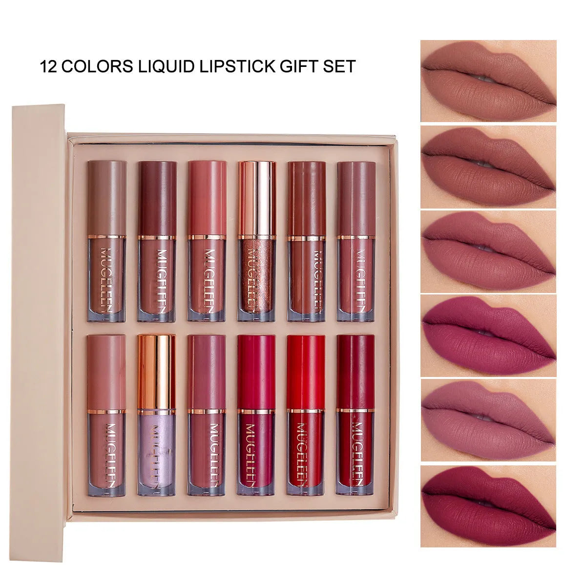 12-piece matte shimmer lip glaze set with nonstick cup property shown in packaging.