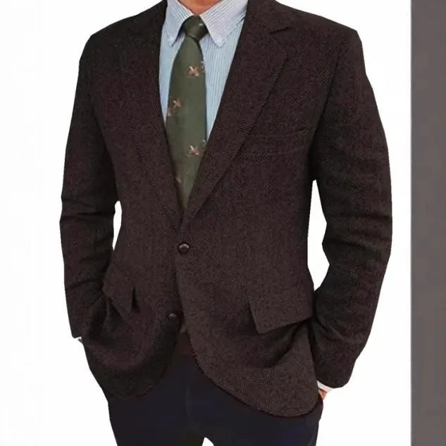 Brown herringbone pattern men's retro suit jacket with long sleeves on a hanger