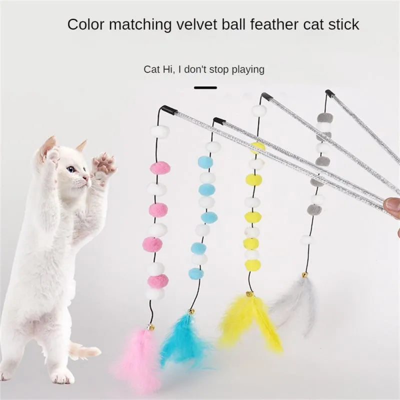 A 31cm long cat teaser toy stick with a colourful pompon, feathers, and a bell.