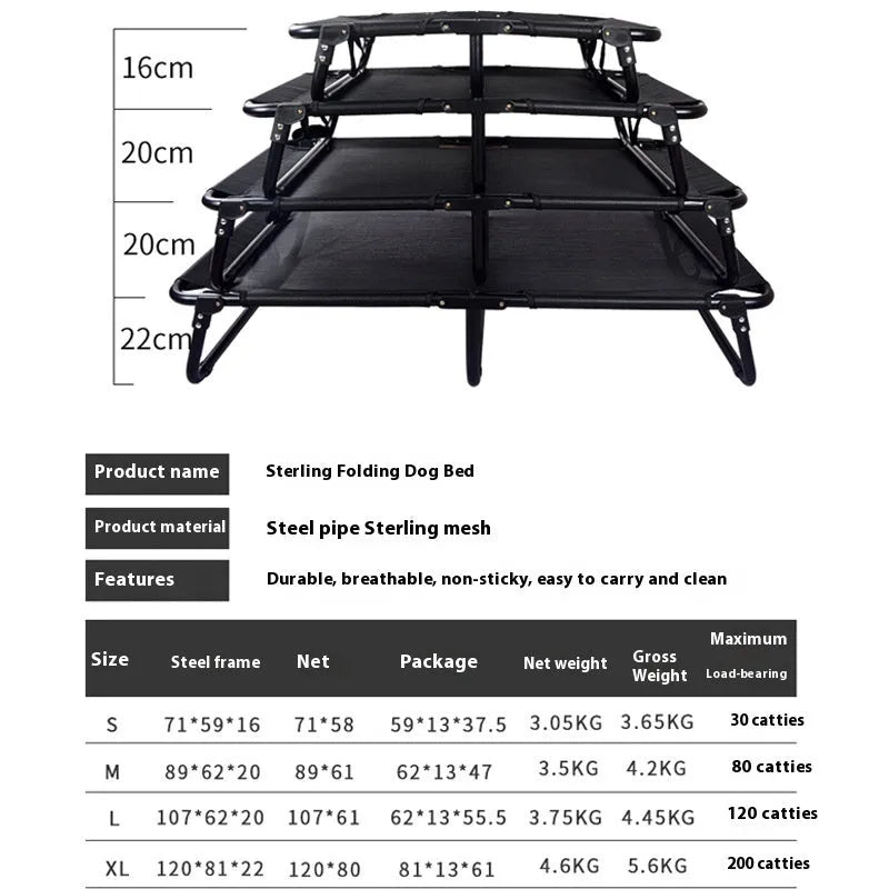 Folding dog camp bed with steel frame, mesh sides, and a mattress in size L