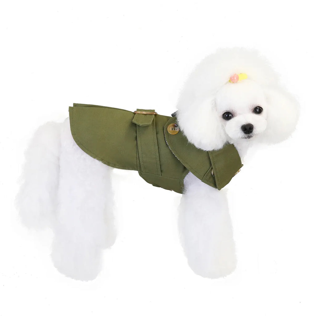 Three-colour windbreaker dog coat for small dogs in blue, green, or khaki, sizes S to XXL.