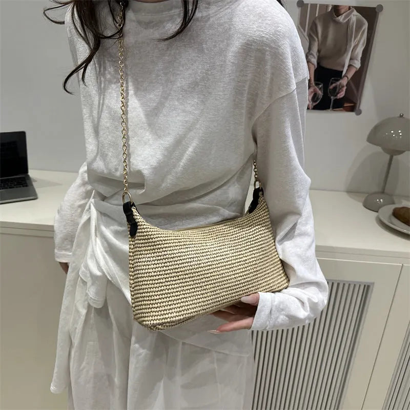 Straw woven beach shoulder tote bag with square shape and sandwich pockets in khaki colour