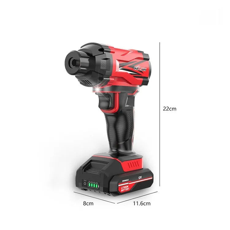 Red and black portable car tyre inflator with digital display and multiple nozzle attachments on a black background