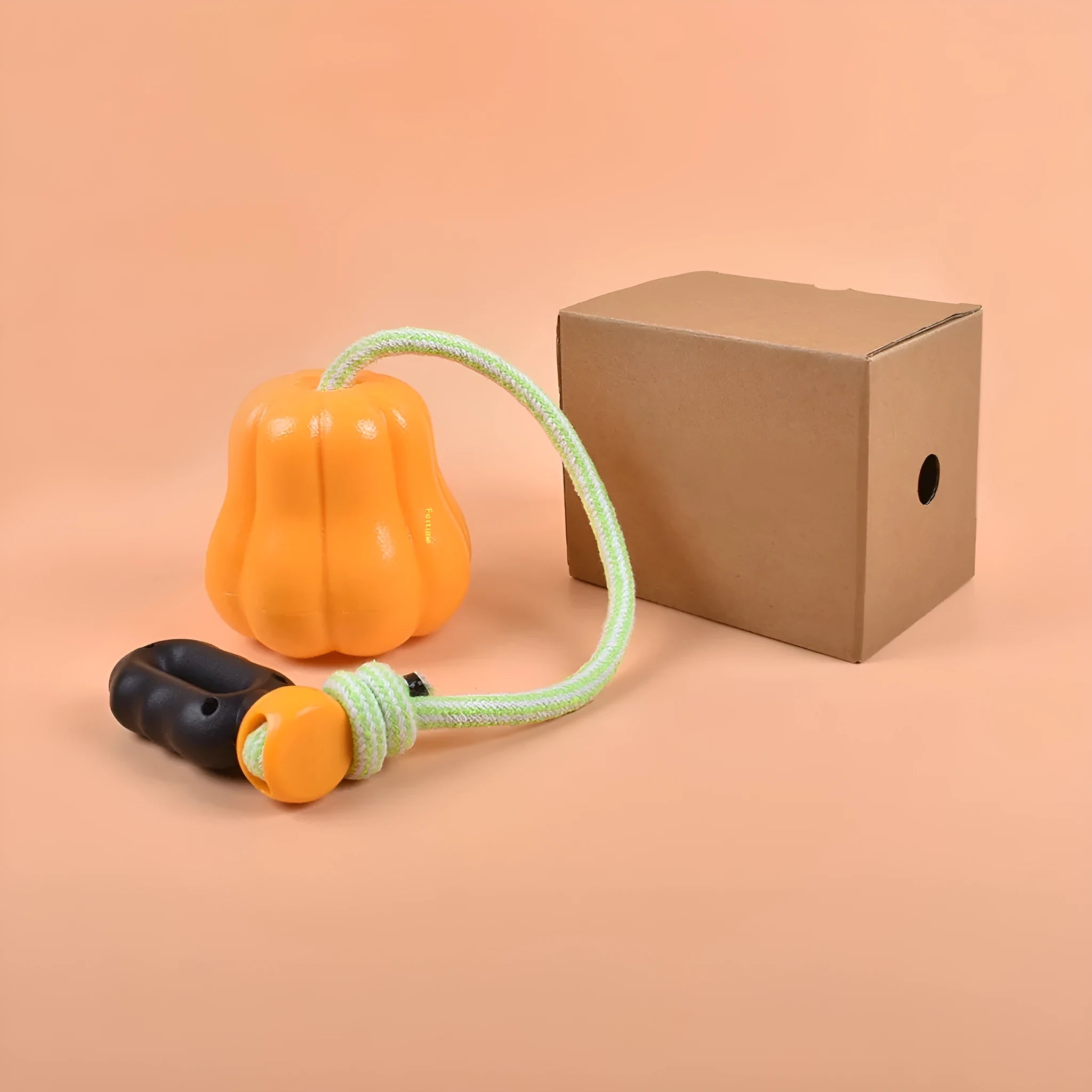 Pumpkin-coloured plastic dog chew toy with a rope attached for fetching.