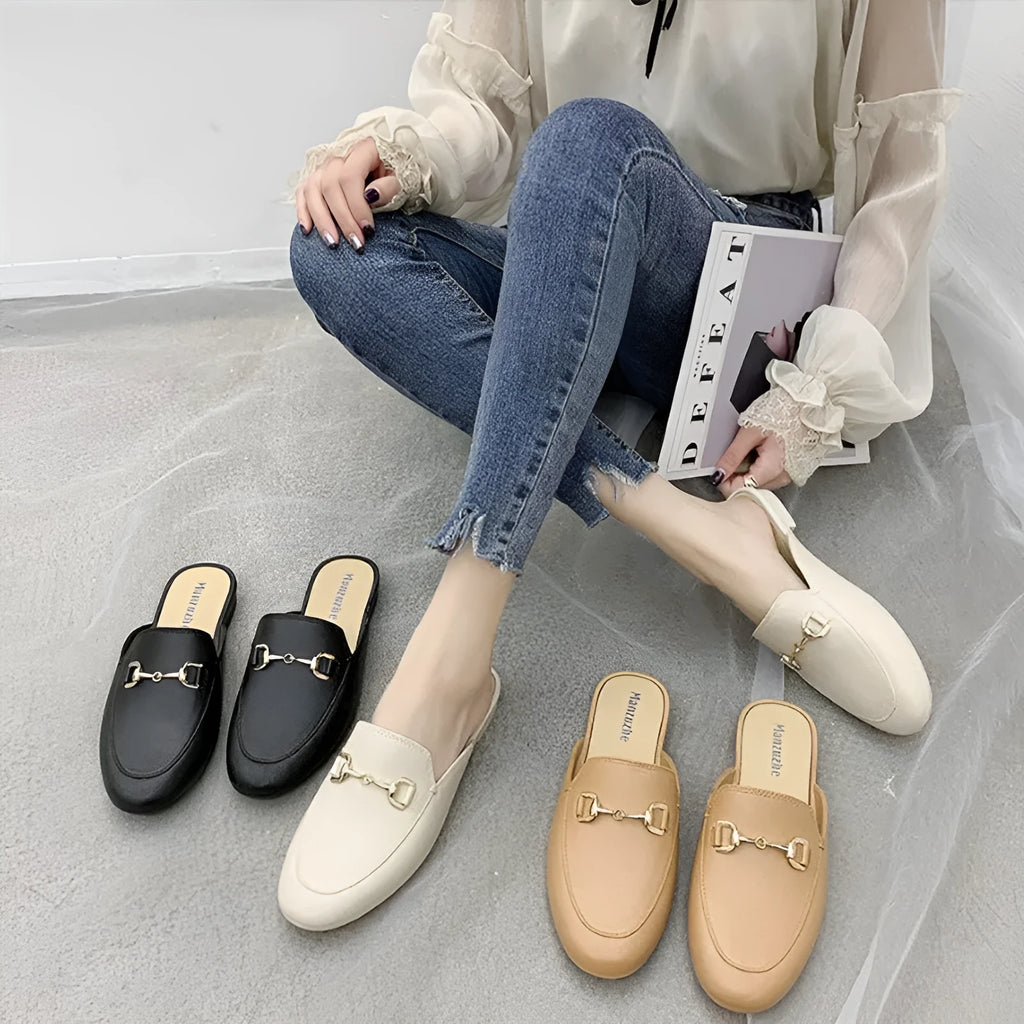 Women's PVC closed toe half slippers with buckle fastening in milky white, black or brown colours