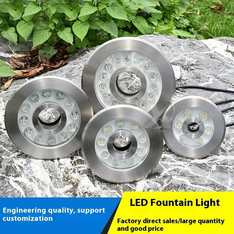 Aluminium alloy 12W underwater garden lamp showing warm white, pure white, and RGB lighting options