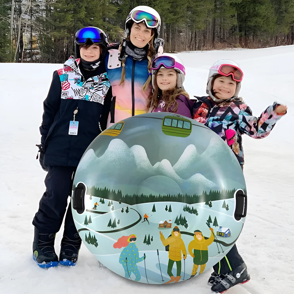 Colourful thick PVC ski ring toy with printed winter design for children's play.