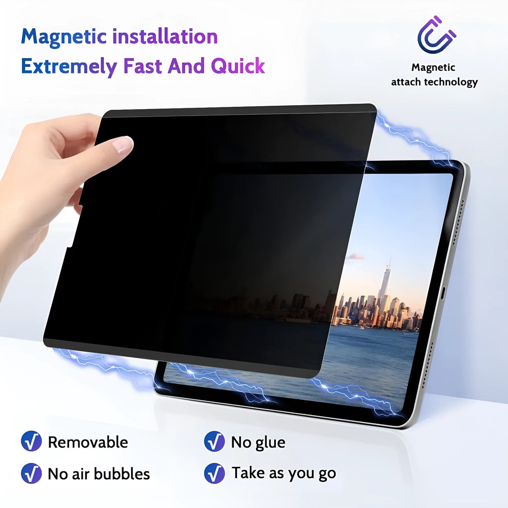 Magnetic privacy screen protector film shown attached to an iPad Pro, with narrow viewing angle effect demonstrated.