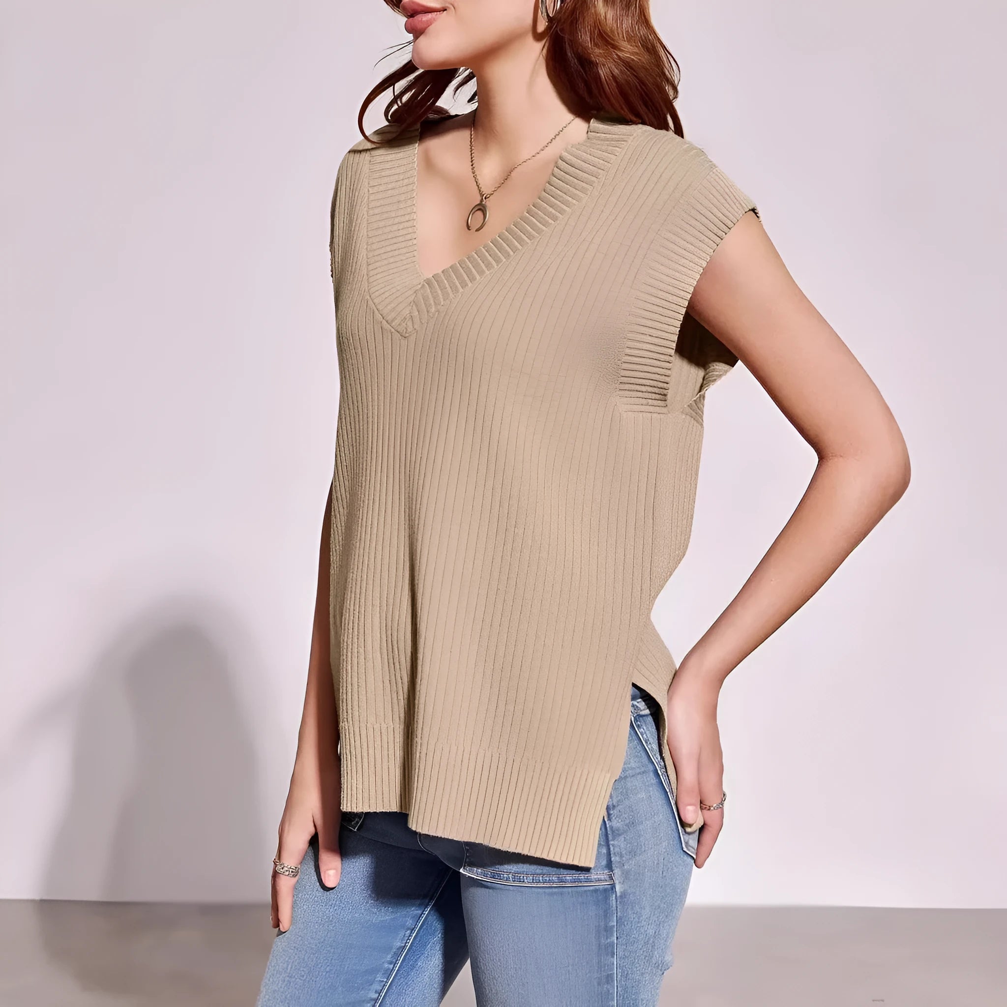 Women's V-neck sleeveless pullover vest in camel colour with striped pattern, loose fit