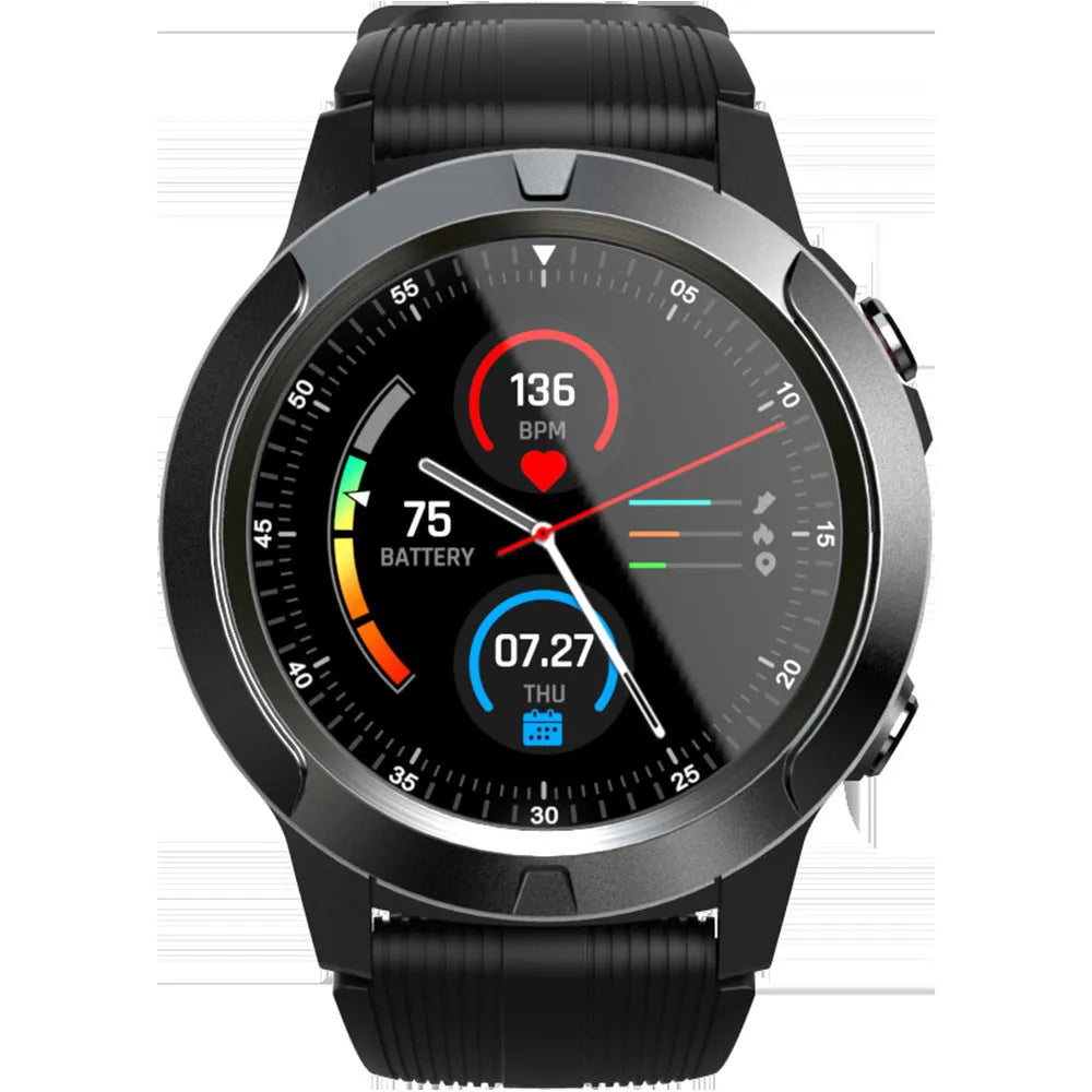 Black men's smart watch with digital screen showing fitness stats.