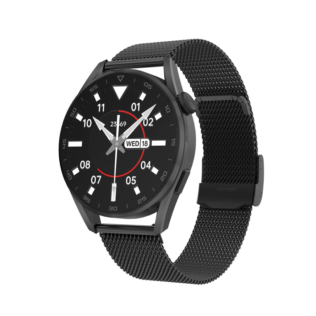 Black steel Bluetooth smart watch with a metal strap and a 1.3-inch screen displayed on a wrist