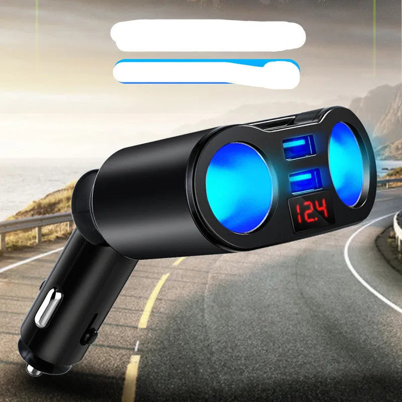 A black car Bluetooth FM transmitter with a USB port plugged into a vehicle's cigarette lighter socket.