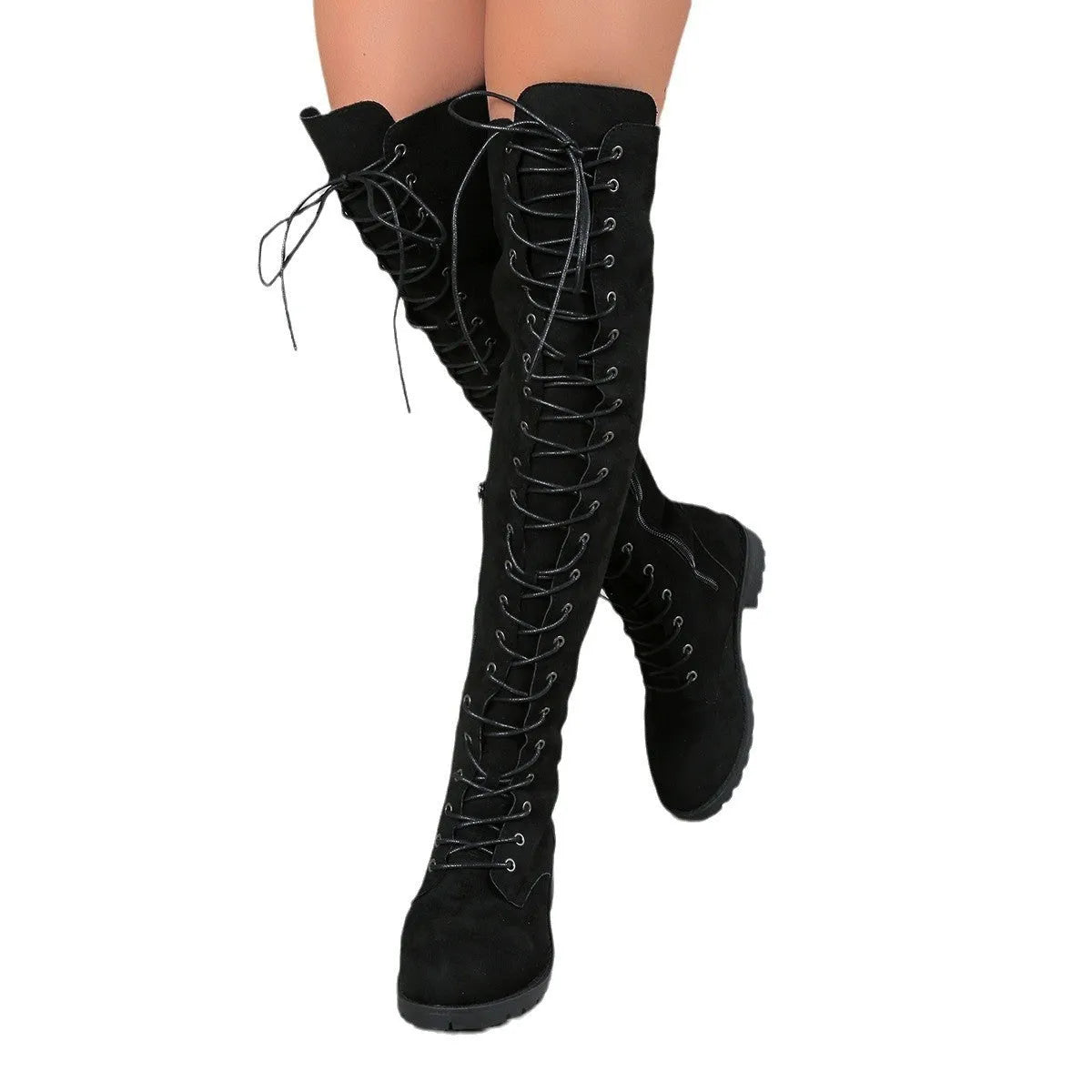 Women's black lace-up over-the-knee boots with decorative stitching and flat rubber soles