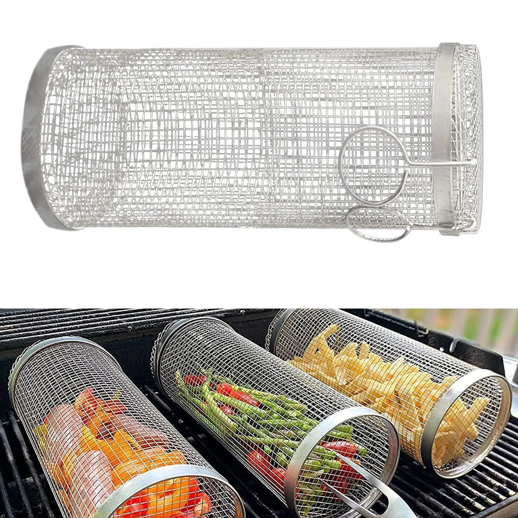 Stainless steel cylindrical rolling barbecue basket with wire mesh for grilling vegetables and meat.