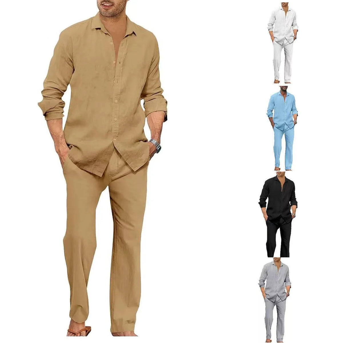 Men's cotton long sleeve top and trousers casual set in white, black, grey, khaki, or sky blue