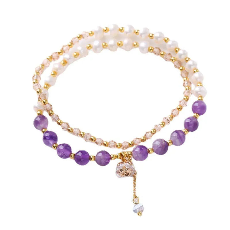 Handmade natural freshwater pearl and crystal double ring bracelet for women in choice of three colours