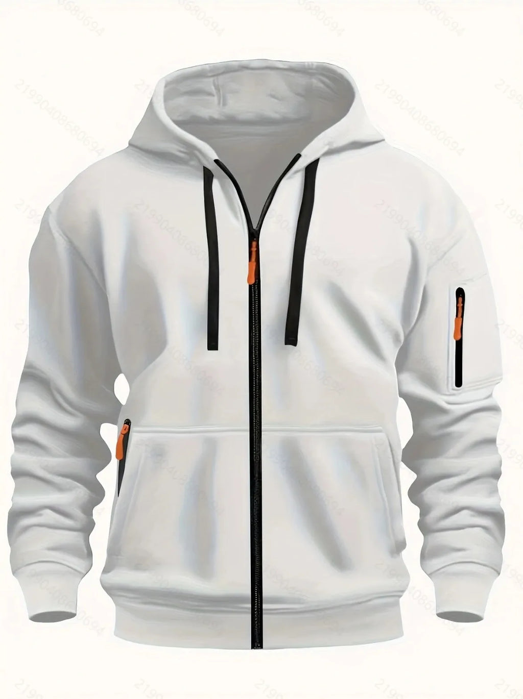 Men's camel-coloured hooded zip-up cardigan sweatshirt with long sleeves on a white background.