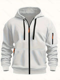 Men's camel-coloured hooded zip-up cardigan sweatshirt with long sleeves on a white background.