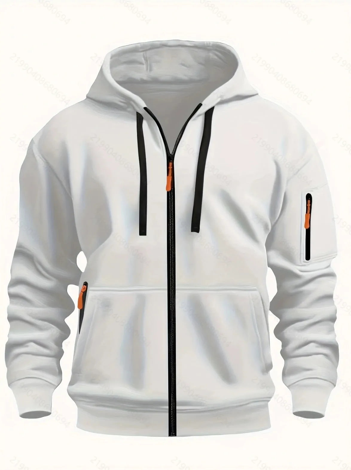 Men's camel-coloured hooded zip-up cardigan sweatshirt with long sleeves on a white background.