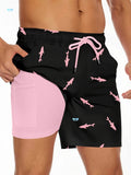Men's black shark print beach shorts with drawstring waist on a straight-leg short