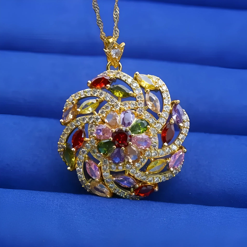 Spiral flower pendant necklace with colour zircon, real gold plating, and copper base