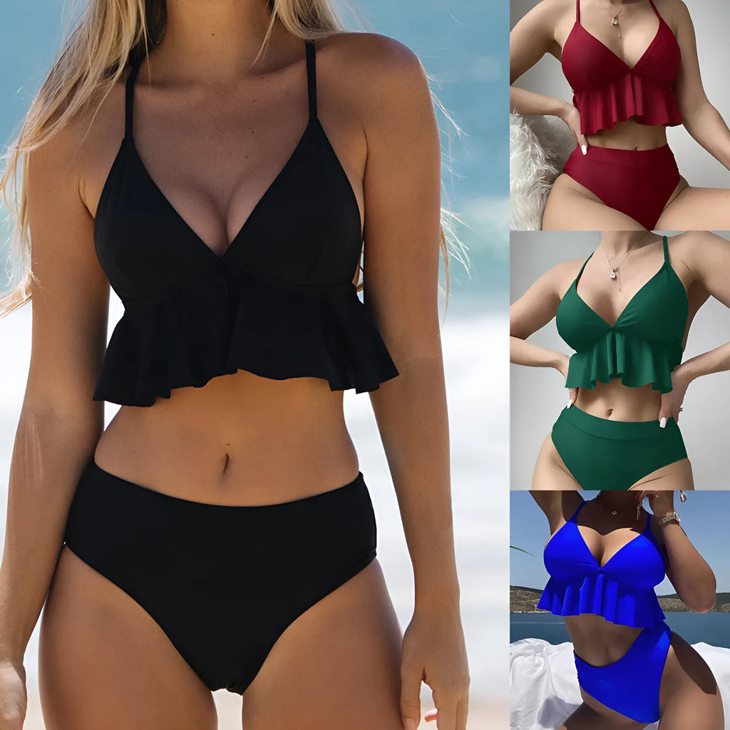 Women's solid colour bikini swimsuit top and pants on a mannequin.