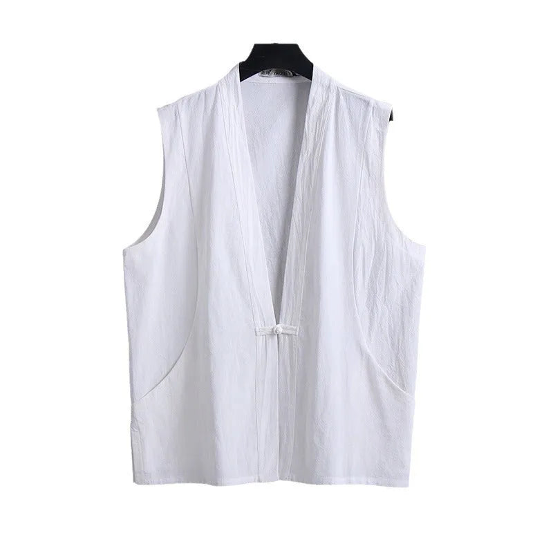 Men's grey linen sleeveless vest with a loose fit on a hanger