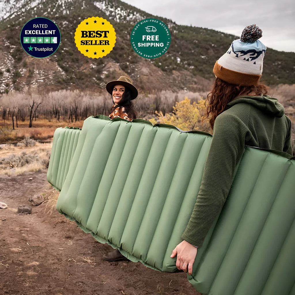 Single inflatable camping mattress in grey, shown expanded to 195cm length
