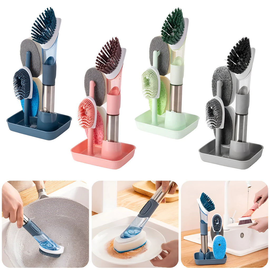 Long-handle kitchen cleaning brush with sponge head and built-in soap dispenser button in blue.