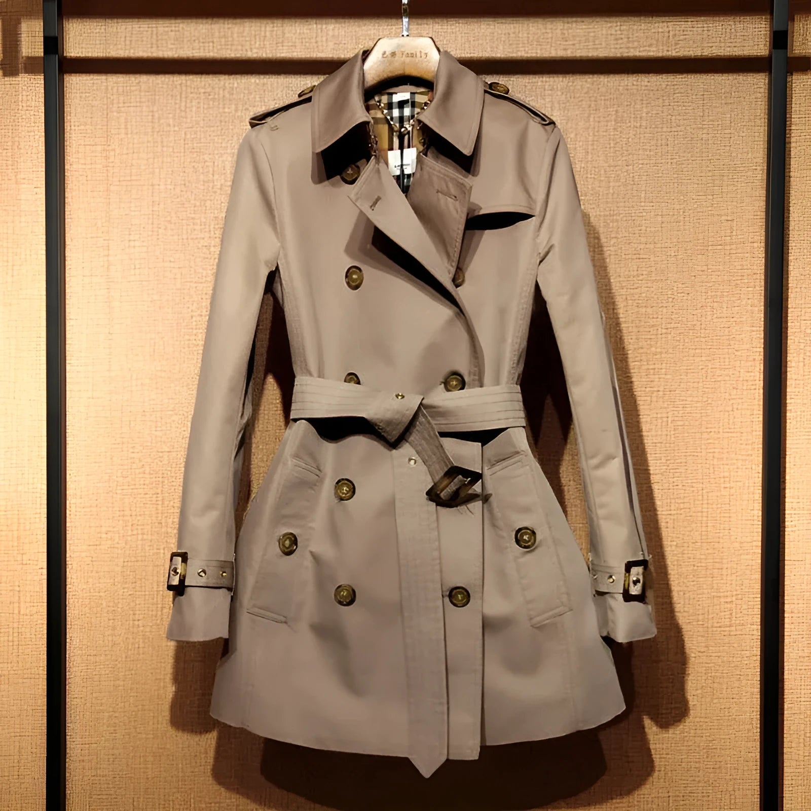 Khaki women's double-breasted polyester trench coat with flight sleeves on a hanger