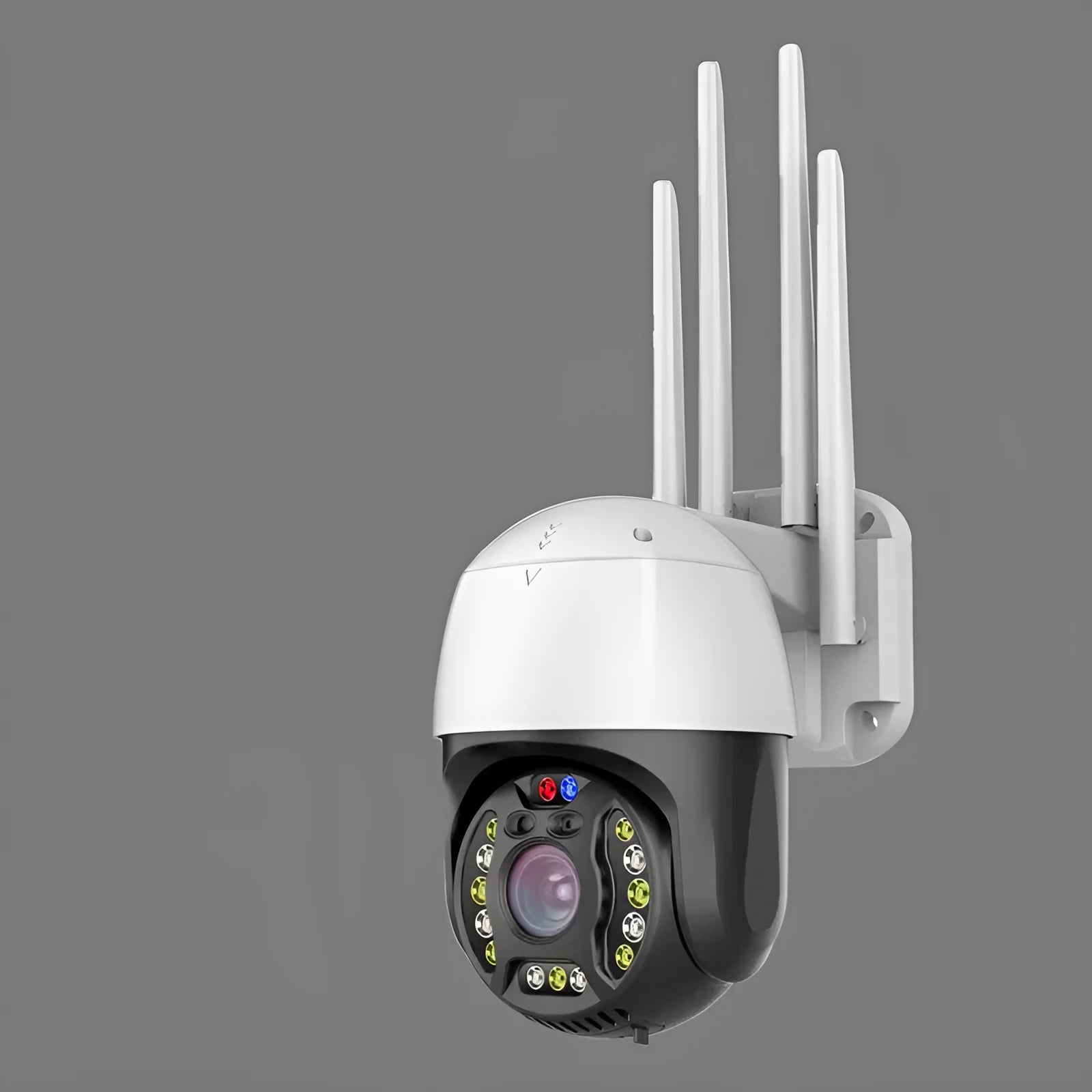 White outdoor dome security camera with 360-degree rotation on a wall mount.