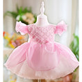 Children flounced sleeve pettiskirt birthday dress in pink polyester fibre for girls 80-160cm