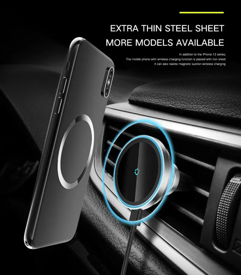 15W magnetic car wireless charger, silver rotating base bracket for iPhone 12 series and Android phones