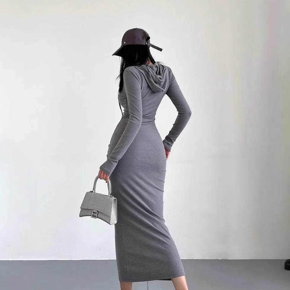Women's long sleeve hooded sheath dress in grey shown at knee length