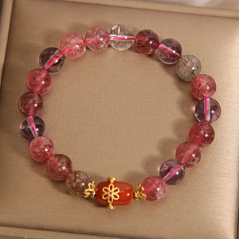 Natural Super Seven crystal bracelet with white crystal and red agate stones in cartoon-style design