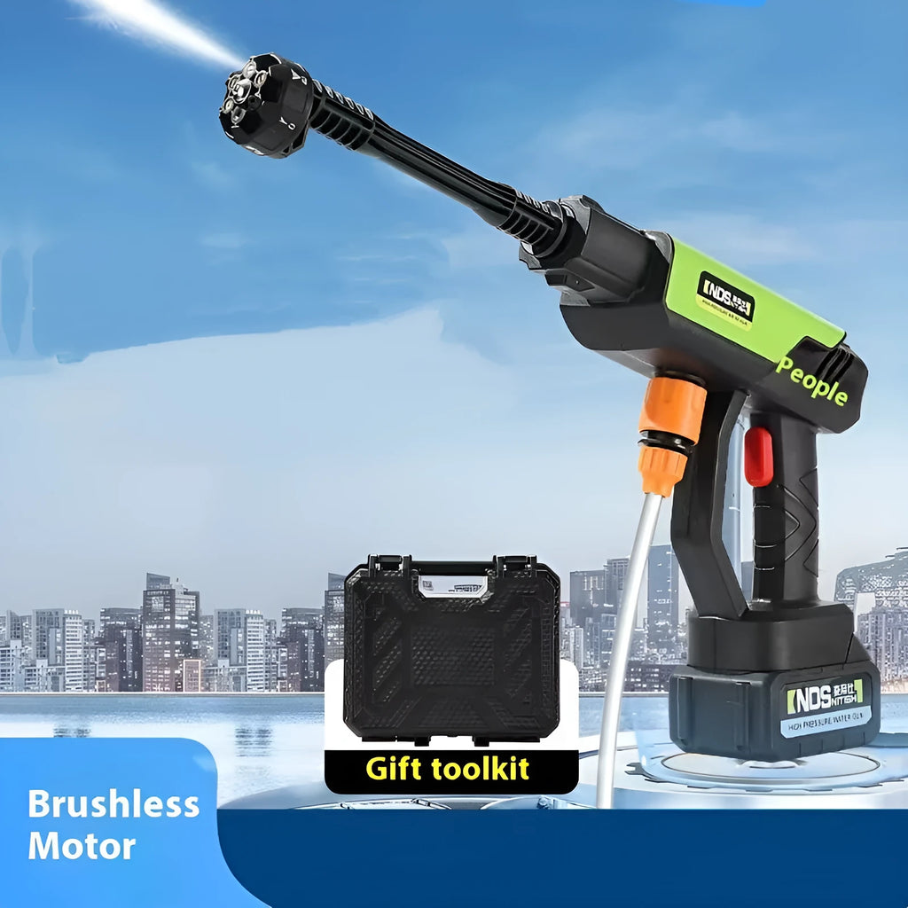 Green cordless high-pressure water gun with metal nozzle, extension rod, foam pot, and accessories on a white background.