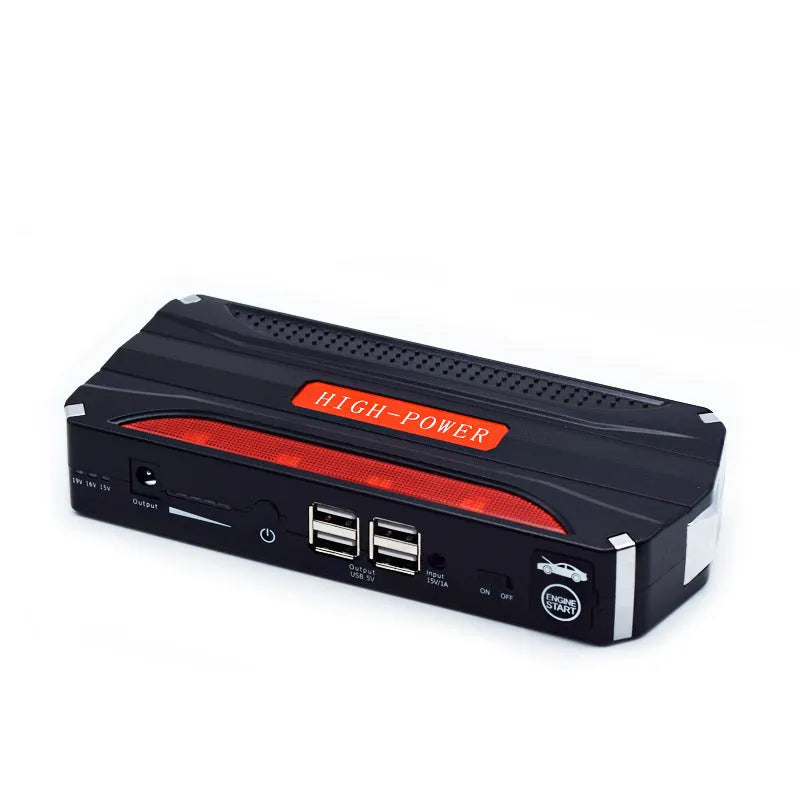 Black and red 12V vehicle emergency jump starter power supply unit with 7800mAh capacity.