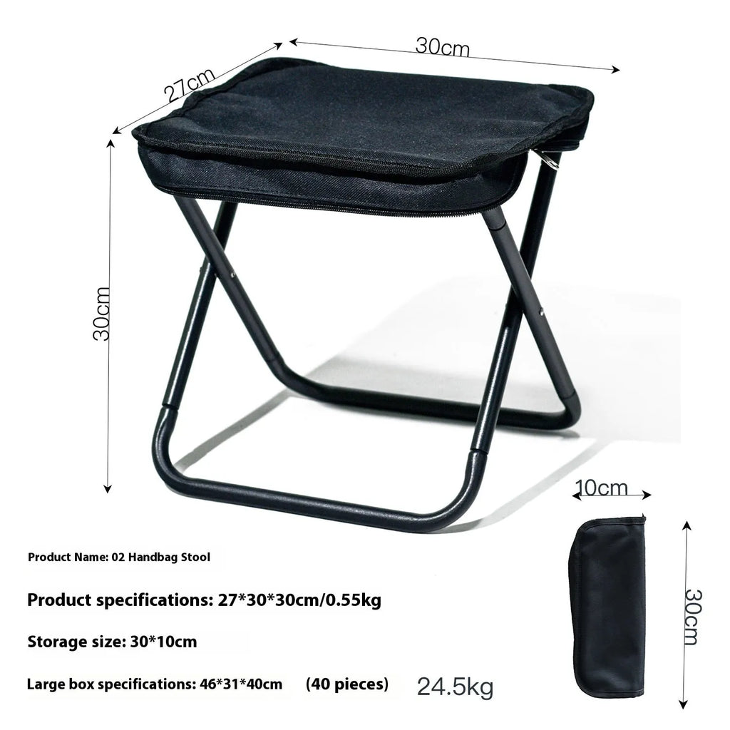 Lightweight foldable camp stool in khaki with an attached crossbody bag, shown in a compact, portable form.