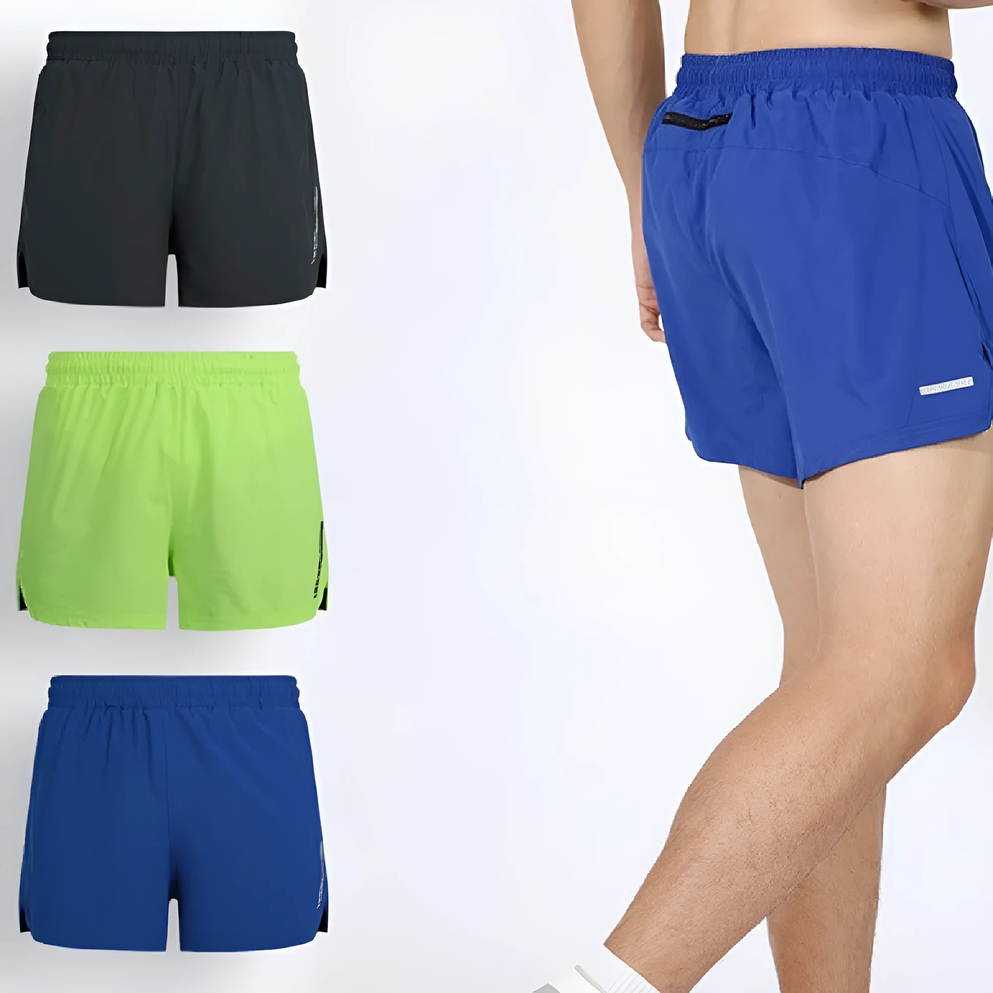Man wearing grey quick-dry straight-leg polyester running shorts for marathon training.