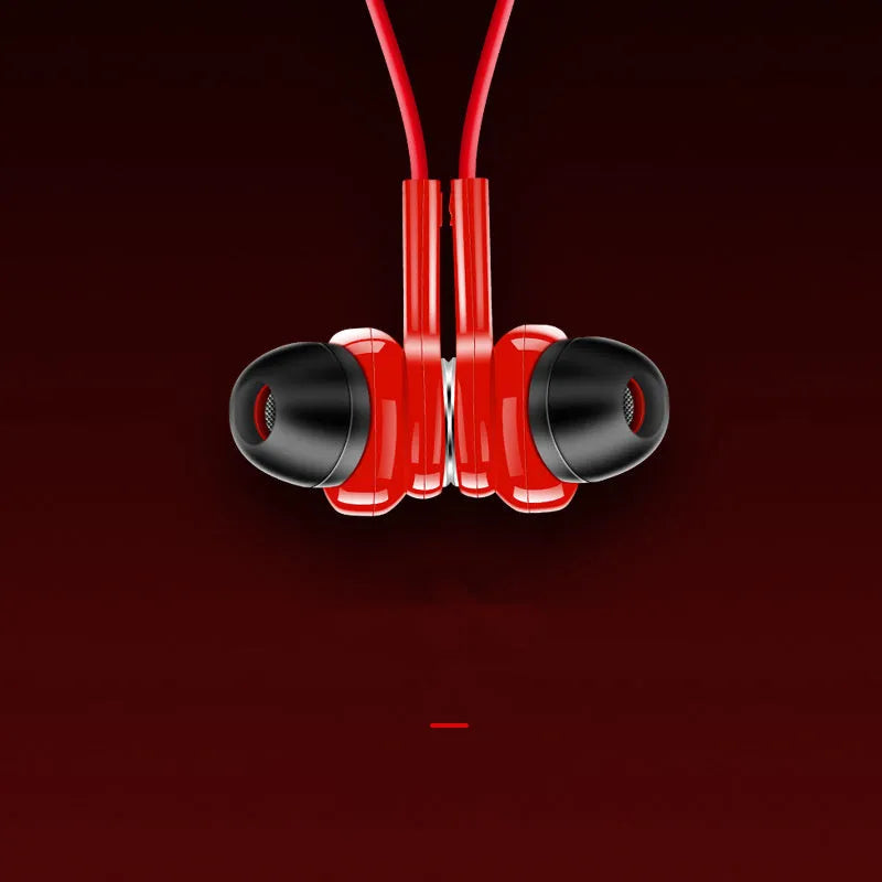 Neckband style sports Bluetooth earphones in black, red, or white colour options.