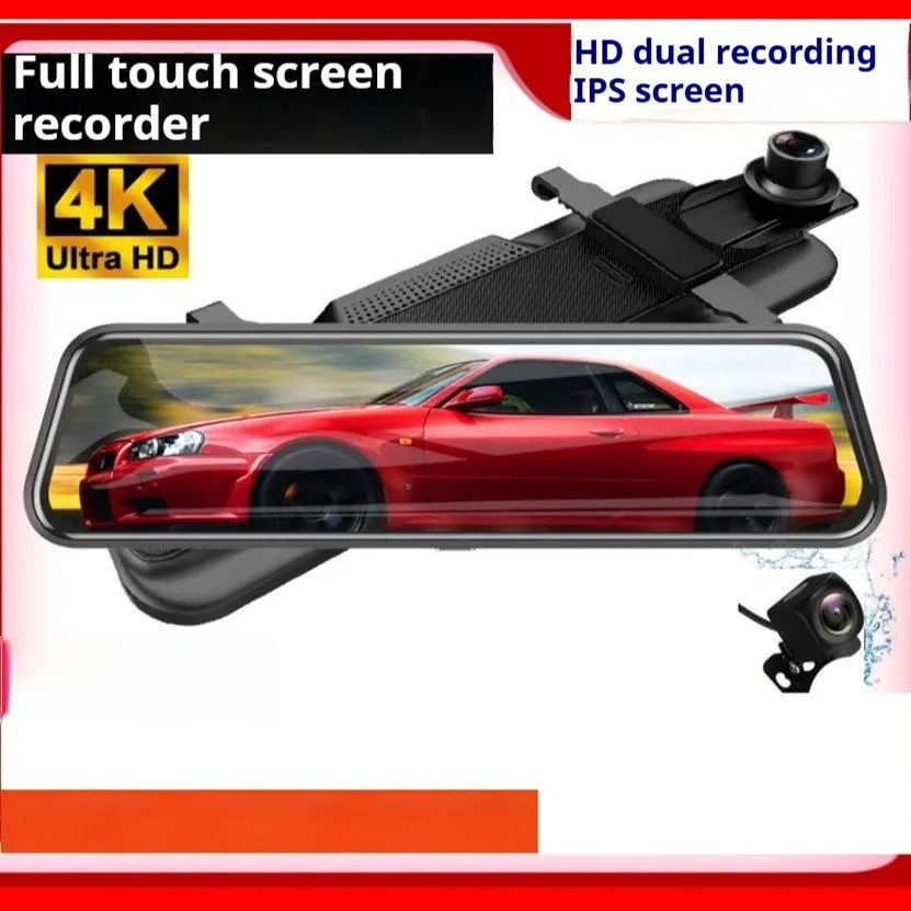 HD 1080p dual lens rearview mirror recorder with 9.66 inch touch screen display
