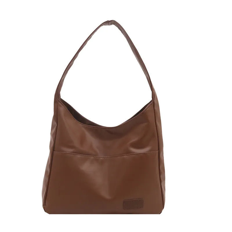 Women's retro tote bag large capacity bucket shape PU leather handbag with stitching detail black colour