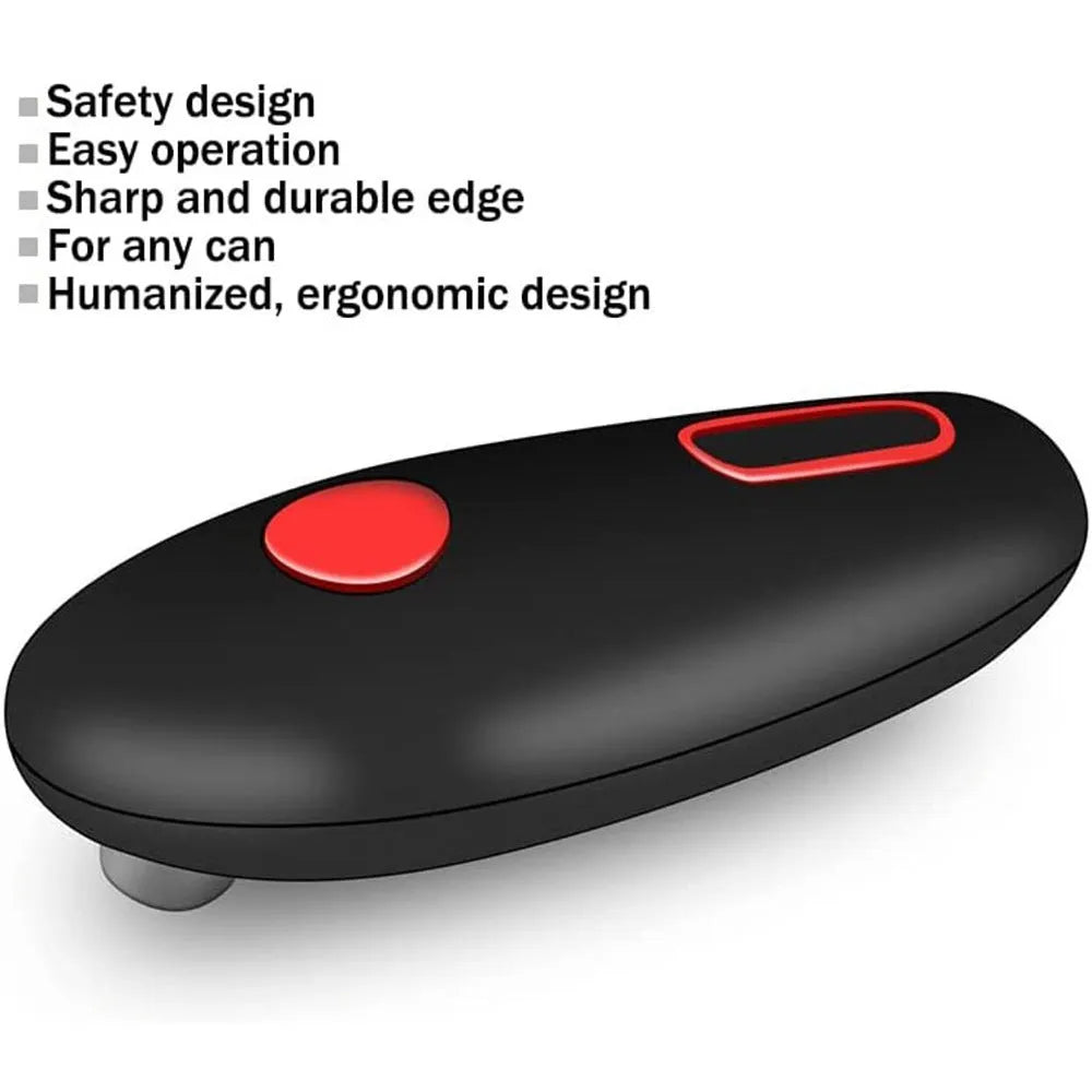 Black automatic electric can opener for hands-free opening of cans, jars, and bottles