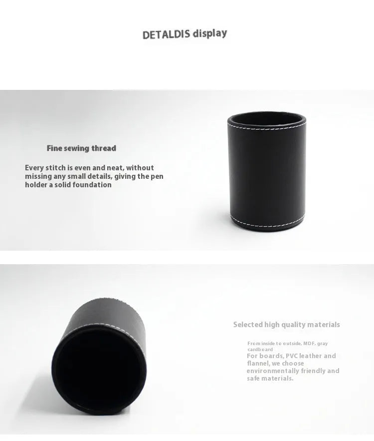 Black leather cylindrical pen container showing 8cm diameter and 10.8cm height dimensions